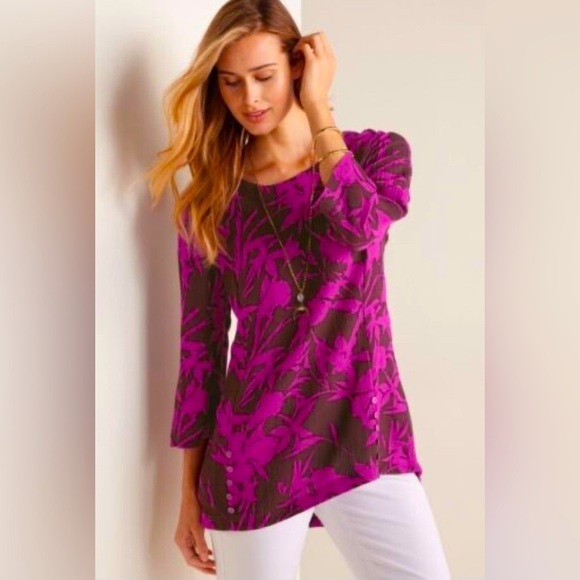 Soft Surroundings Women Tunic Top Large Pink Brown Longline Floral Contemporary - Picture 3 of 17